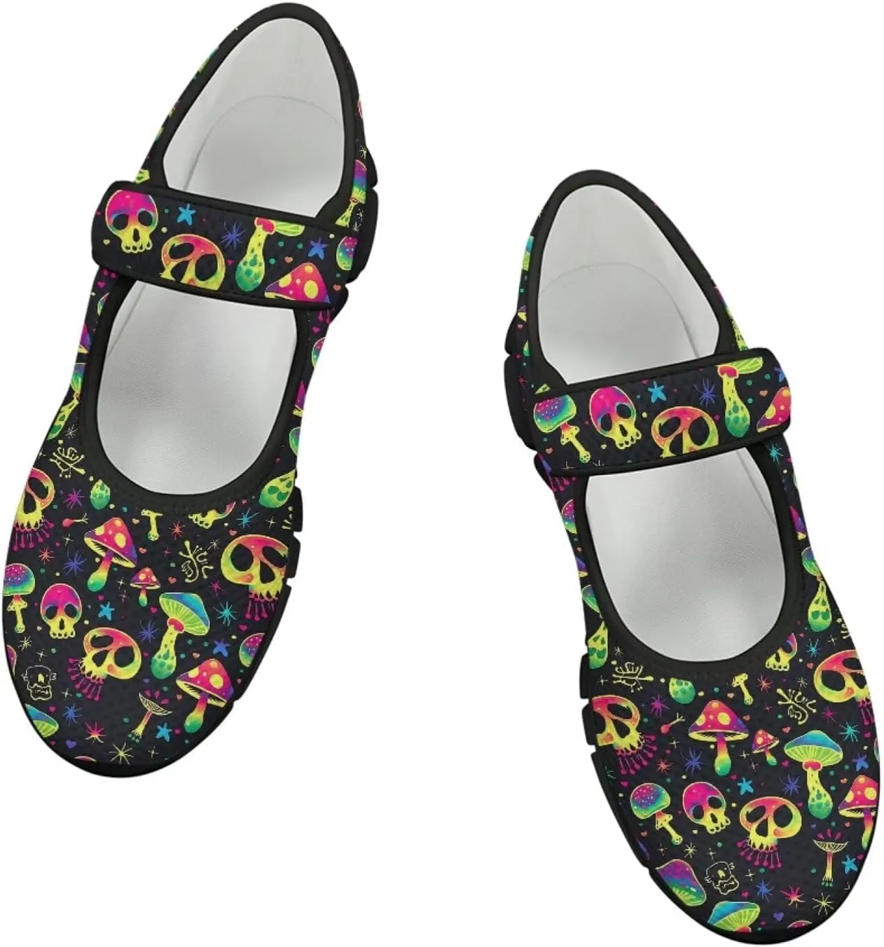 Howilath Gothic Skull Print Womens Mary Jane Shoes Flats Round Toe Ballet Flats Dress Dance Shoe swith Magic Sticker