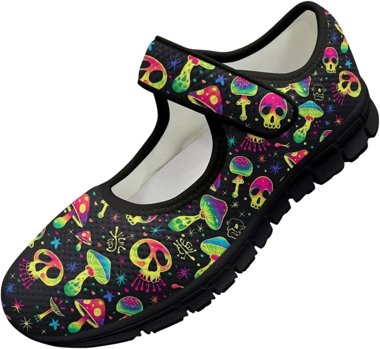 Howilath Gothic Skull Print Womens Mary Jane Shoes Flats Round Toe Ballet Flats Dress Dance Shoe swith Magic Sticker