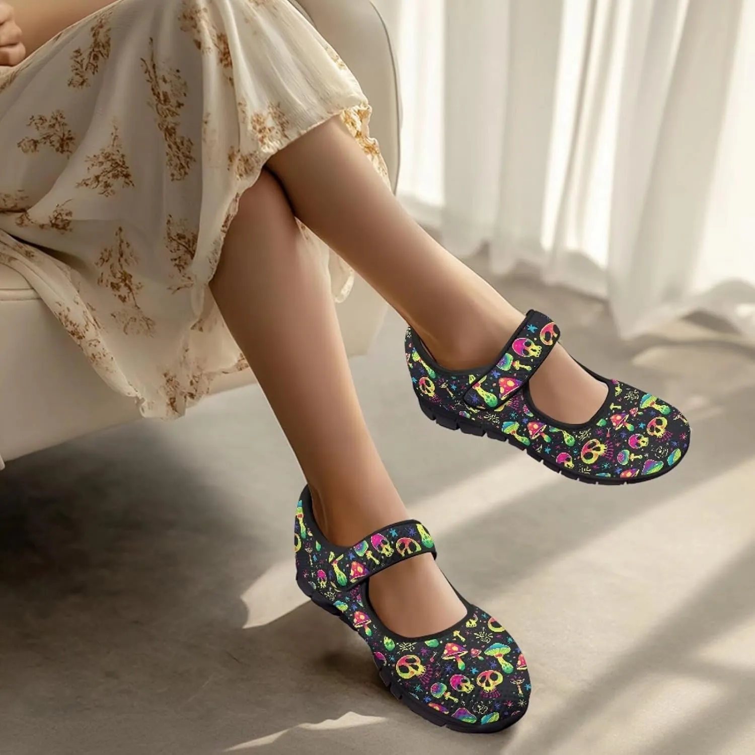 Howilath Gothic Skull Print Womens Mary Jane Shoes Flats Round Toe Ballet Flats Dress Dance Shoe swith Magic Sticker
