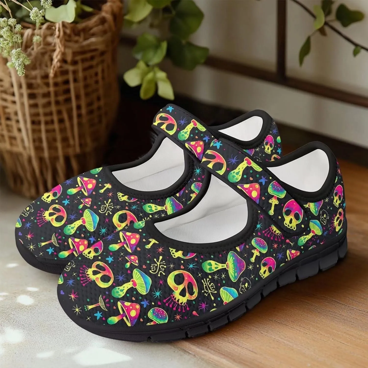 Howilath Gothic Skull Print Womens Mary Jane Shoes Flats Round Toe Ballet Flats Dress Dance Shoe swith Magic Sticker