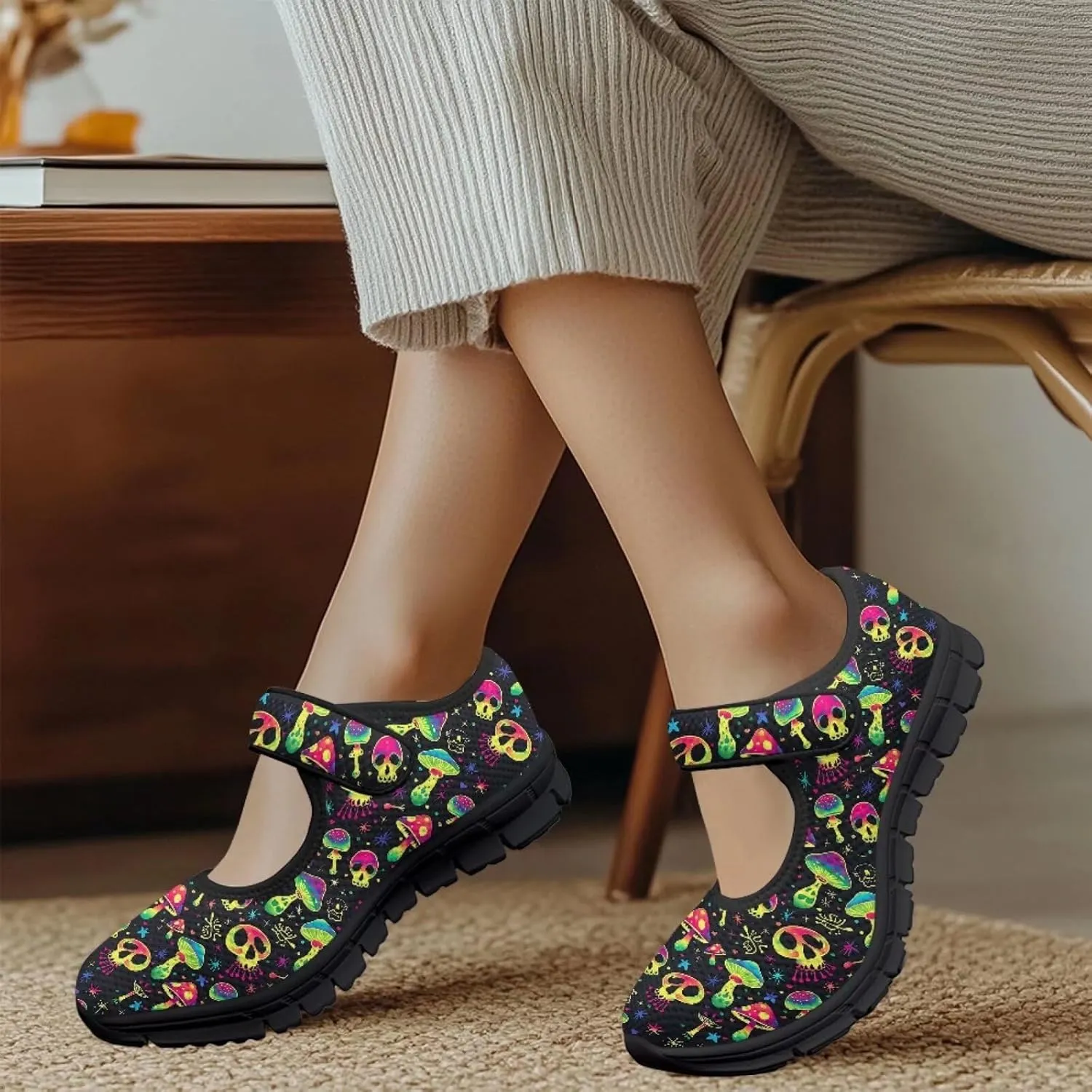 Howilath Gothic Skull Print Womens Mary Jane Shoes Flats Round Toe Ballet Flats Dress Dance Shoe swith Magic Sticker