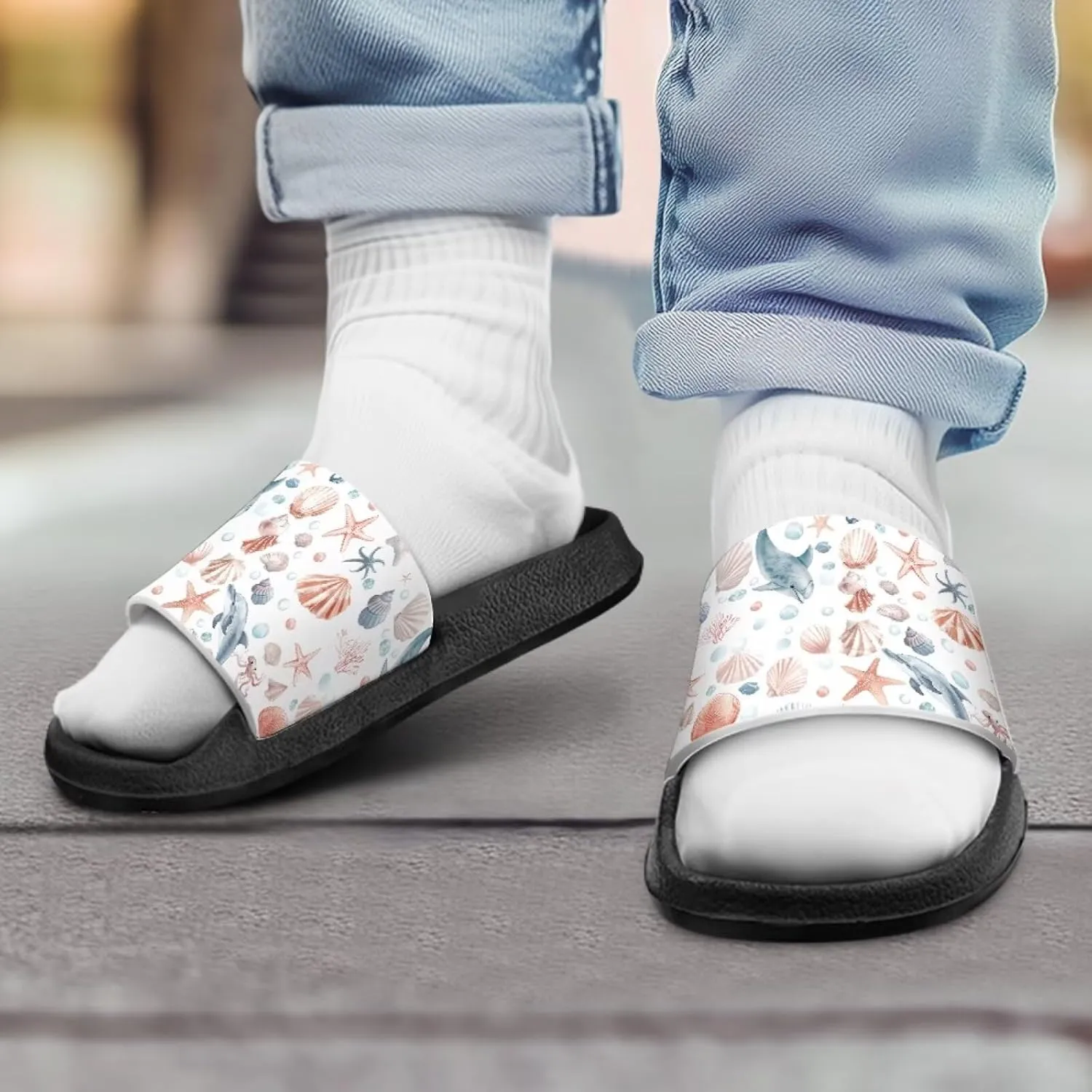 Howilath Sea Animal Print Kids Slides Non-Slip Open Toe Slippers Boys and Girls Sandals Pillow Cloud Slippers with EVA Sole