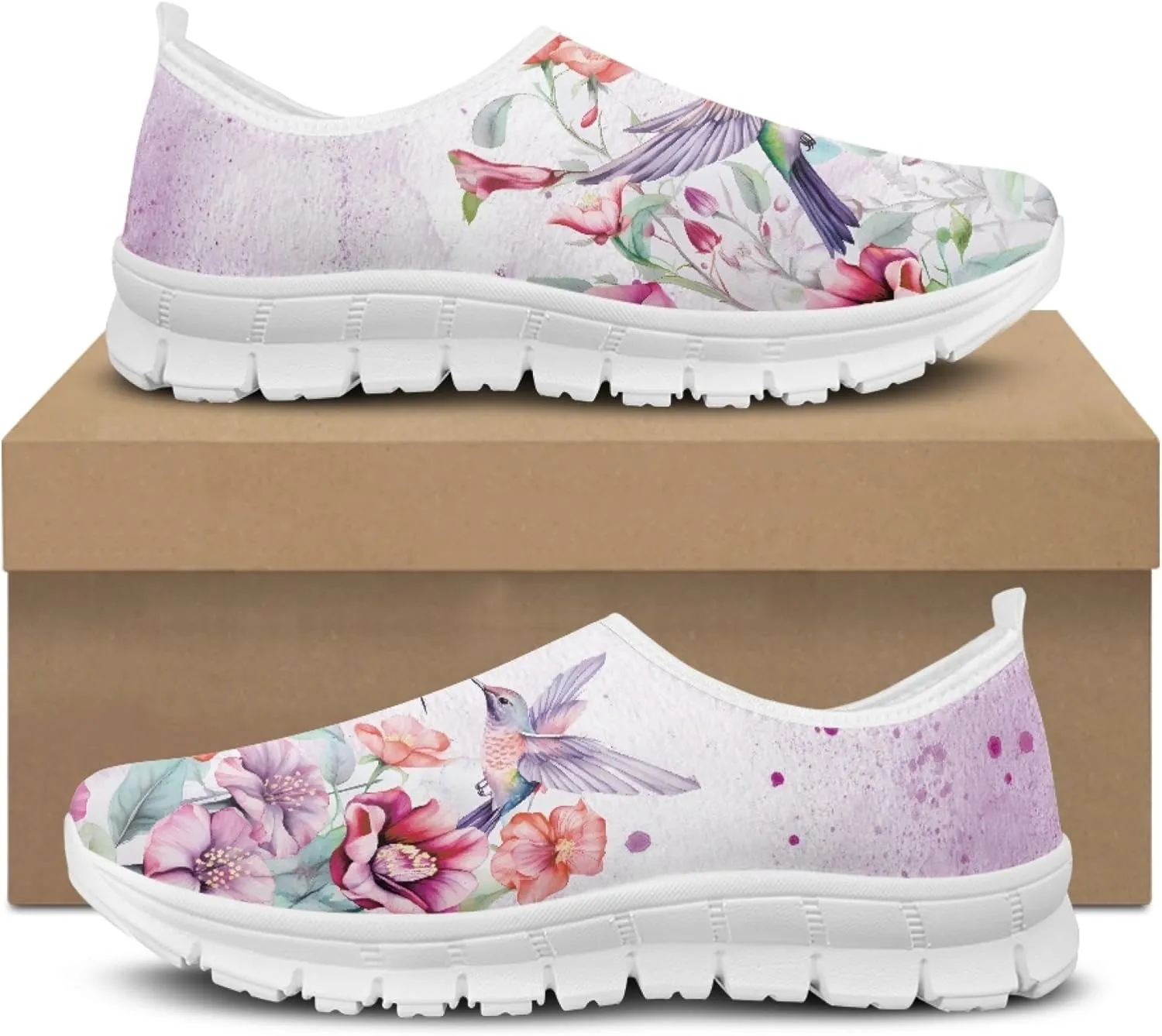 Hummingbird Floral Print Lightweight Walking Shoes for Women Mesh Casual Sneakers Size 5-10.5