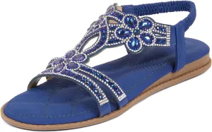 iCKER Women Rhinestone Sandals T-Strap Buckle Bohemian Pearl Crystal Flat Sandals