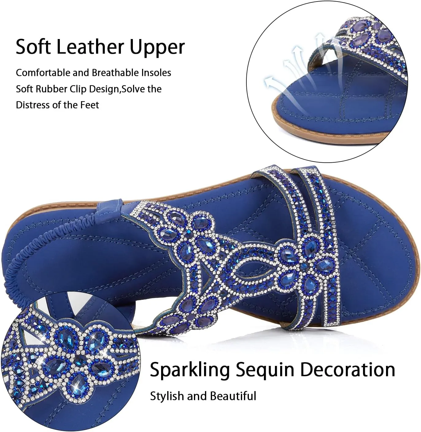 iCKER Women Rhinestone Sandals T-Strap Buckle Bohemian Pearl Crystal Flat Sandals