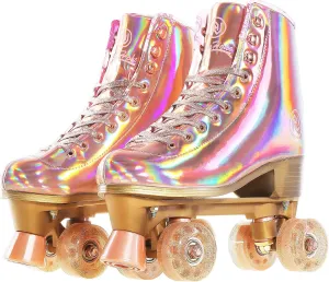 JajaHoho Roller Skates for Women, Holographic High Top Classic Rollerskates, Light-Up LED Flashing Wheels, Shiny Double-Row Quad Skates for Girls, Indoor & Outdoor (Red)