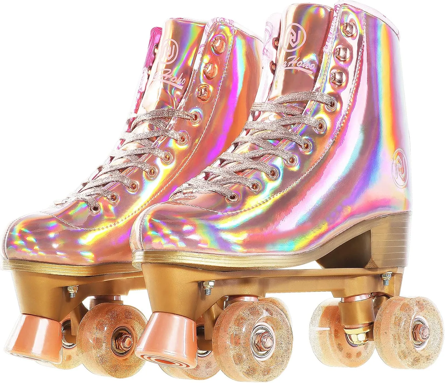 JajaHoho Roller Skates for Women, Holographic High Top Classic Rollerskates, Light-Up LED Flashing Wheels, Shiny Double-Row Quad Skates for Girls, Indoor & Outdoor (Red)