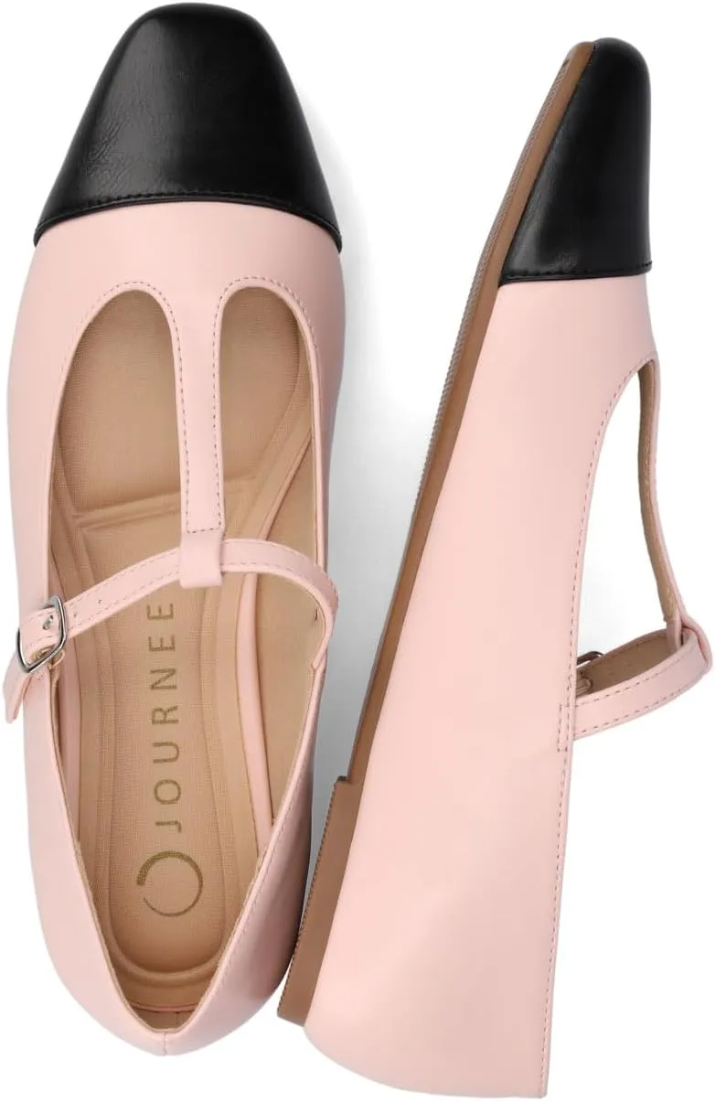 Journee Collection Womens Theah Mary Jane Buckle T-Strap Dress Flats Cushioned Two Tone Square Cap Toe Fashion Shoe
