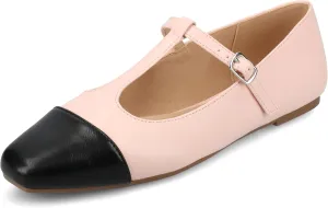 Journee Collection Womens Theah Mary Jane Buckle T-Strap Dress Flats Cushioned Two Tone Square Cap Toe Fashion Shoe