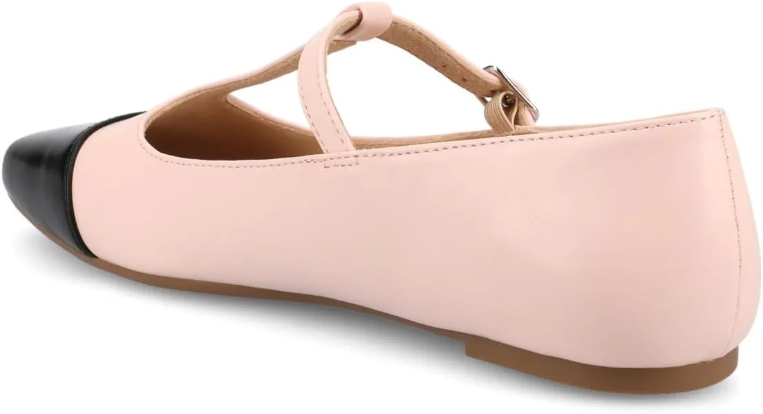 Journee Collection Womens Theah Mary Jane Buckle T-Strap Dress Flats Cushioned Two Tone Square Cap Toe Fashion Shoe