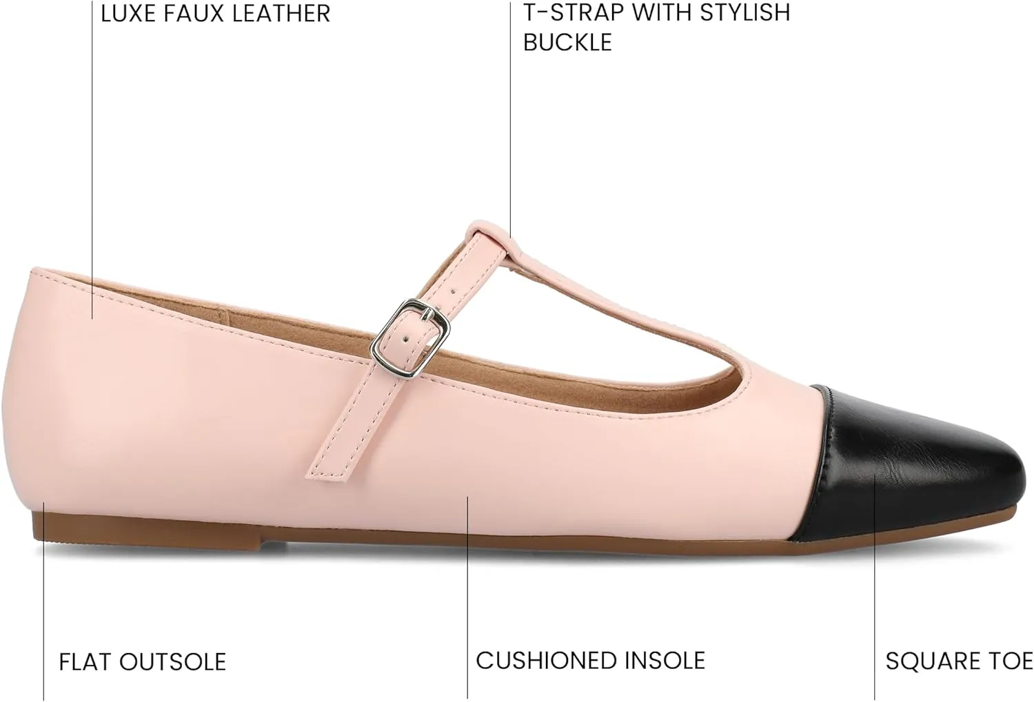 Journee Collection Womens Theah Mary Jane Buckle T-Strap Dress Flats Cushioned Two Tone Square Cap Toe Fashion Shoe