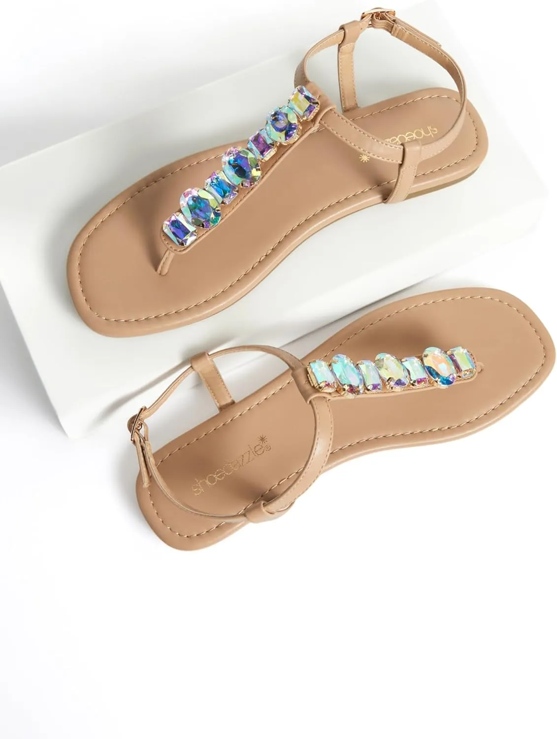 JustFab Women's Rhinestone Flat Rhinestone Sandals Flip Flop T-Strap Thong Flat for Summers