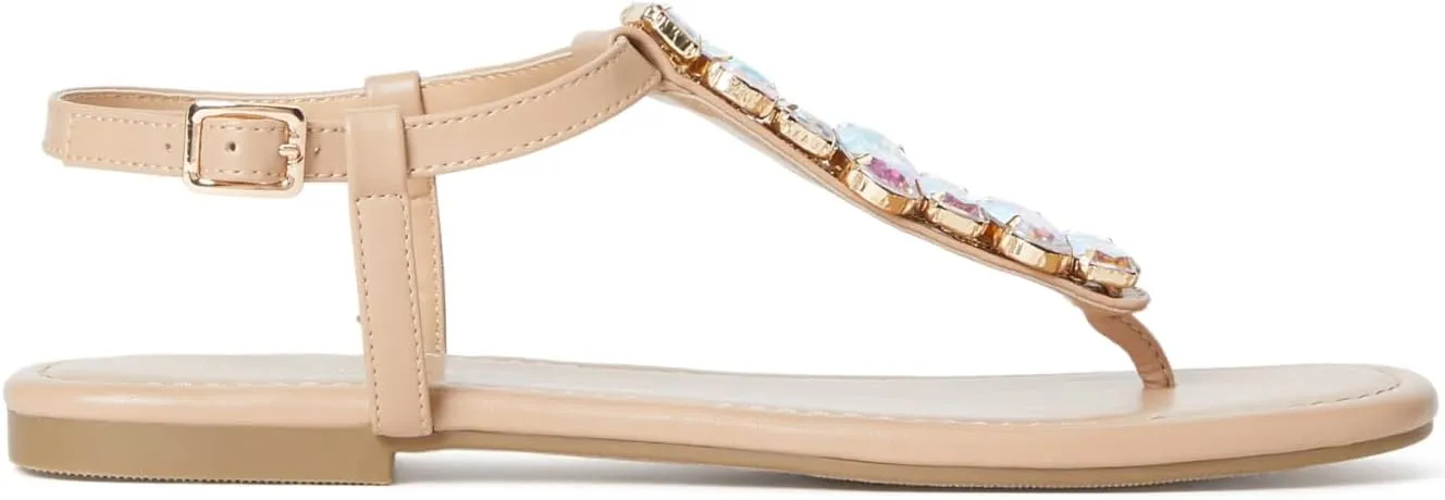 JustFab Women's Rhinestone Flat Rhinestone Sandals Flip Flop T-Strap Thong Flat for Summers