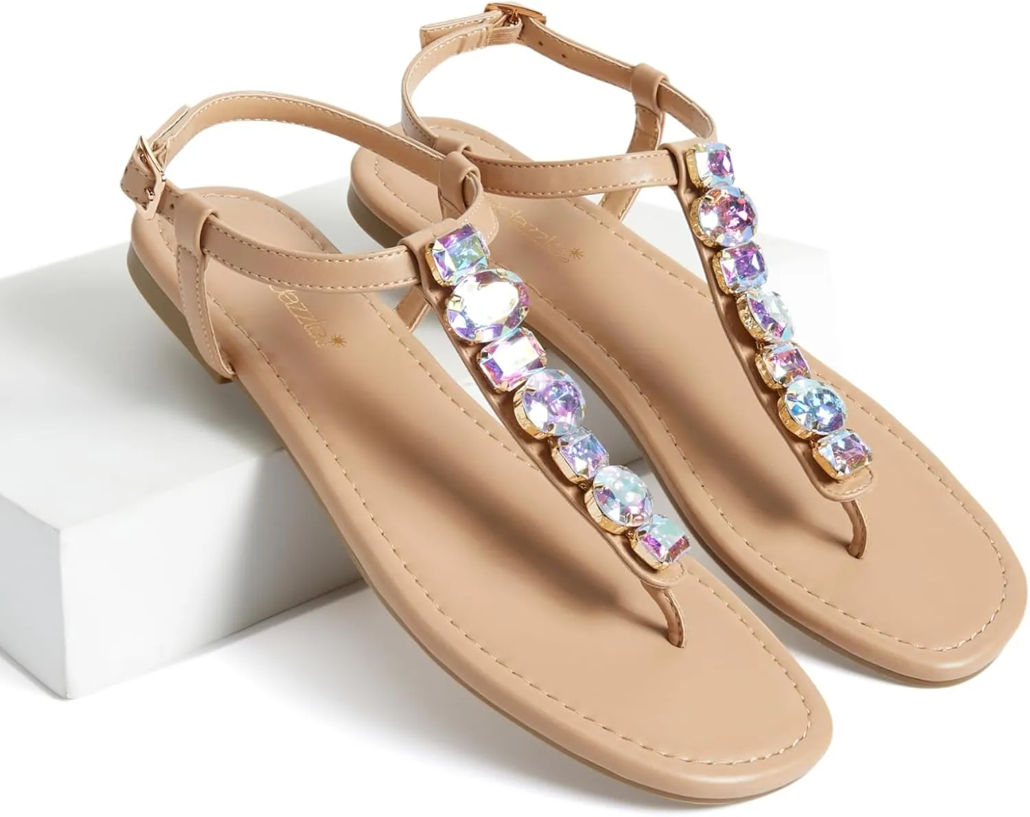 JustFab Women's Rhinestone Flat Rhinestone Sandals Flip Flop T-Strap Thong Flat for Summers
