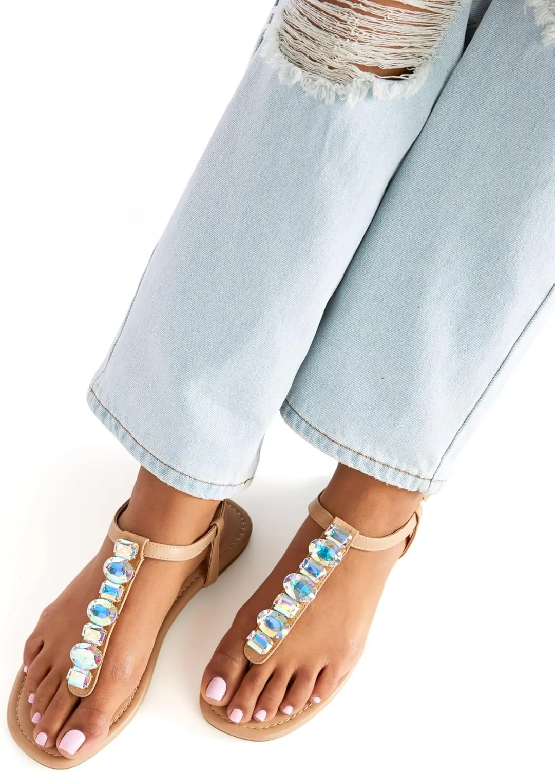 JustFab Women's Rhinestone Flat Rhinestone Sandals Flip Flop T-Strap Thong Flat for Summers