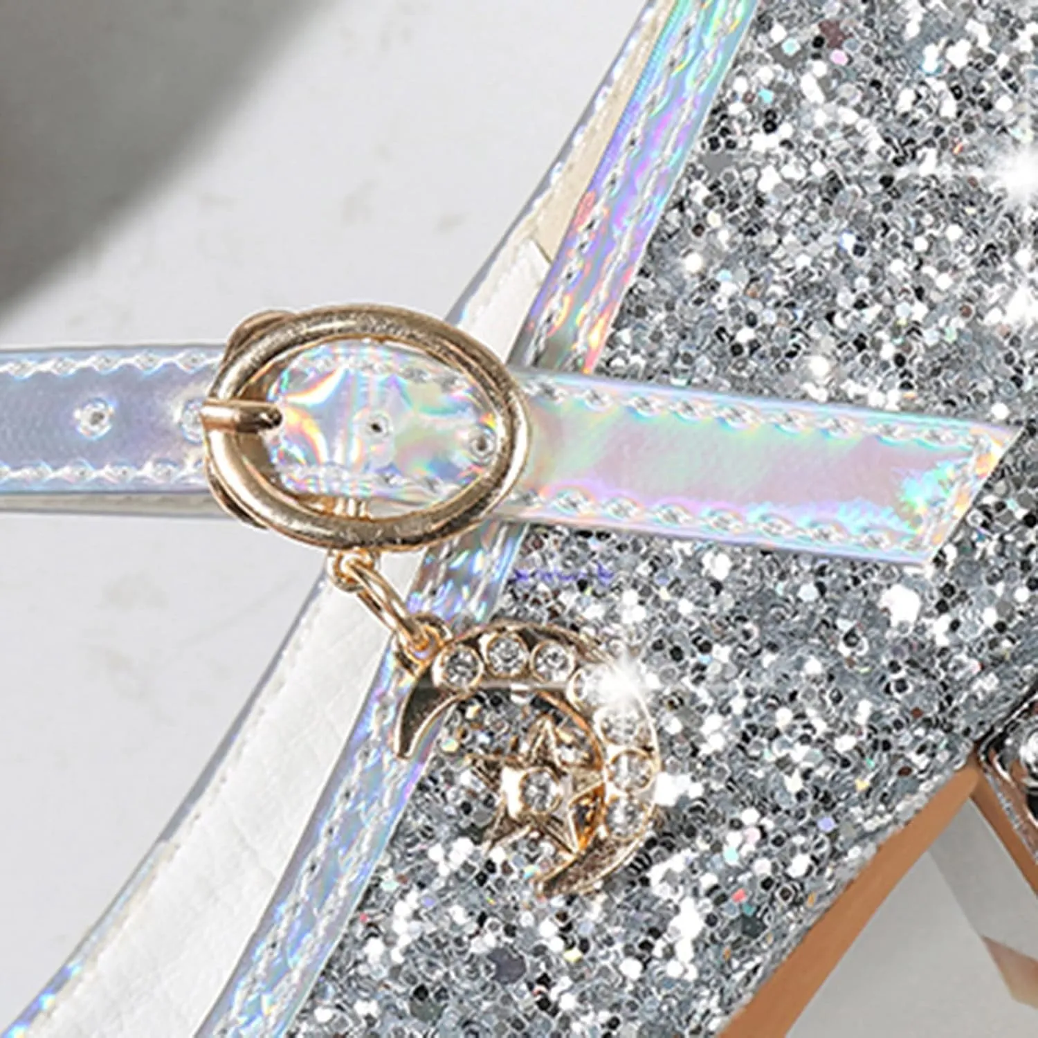 Kids Girl Mary Jane Dress Shoes Bow Wedding Sandals High Heels Glitter Flat Shoes Sequin Shoe Shiny Sandals