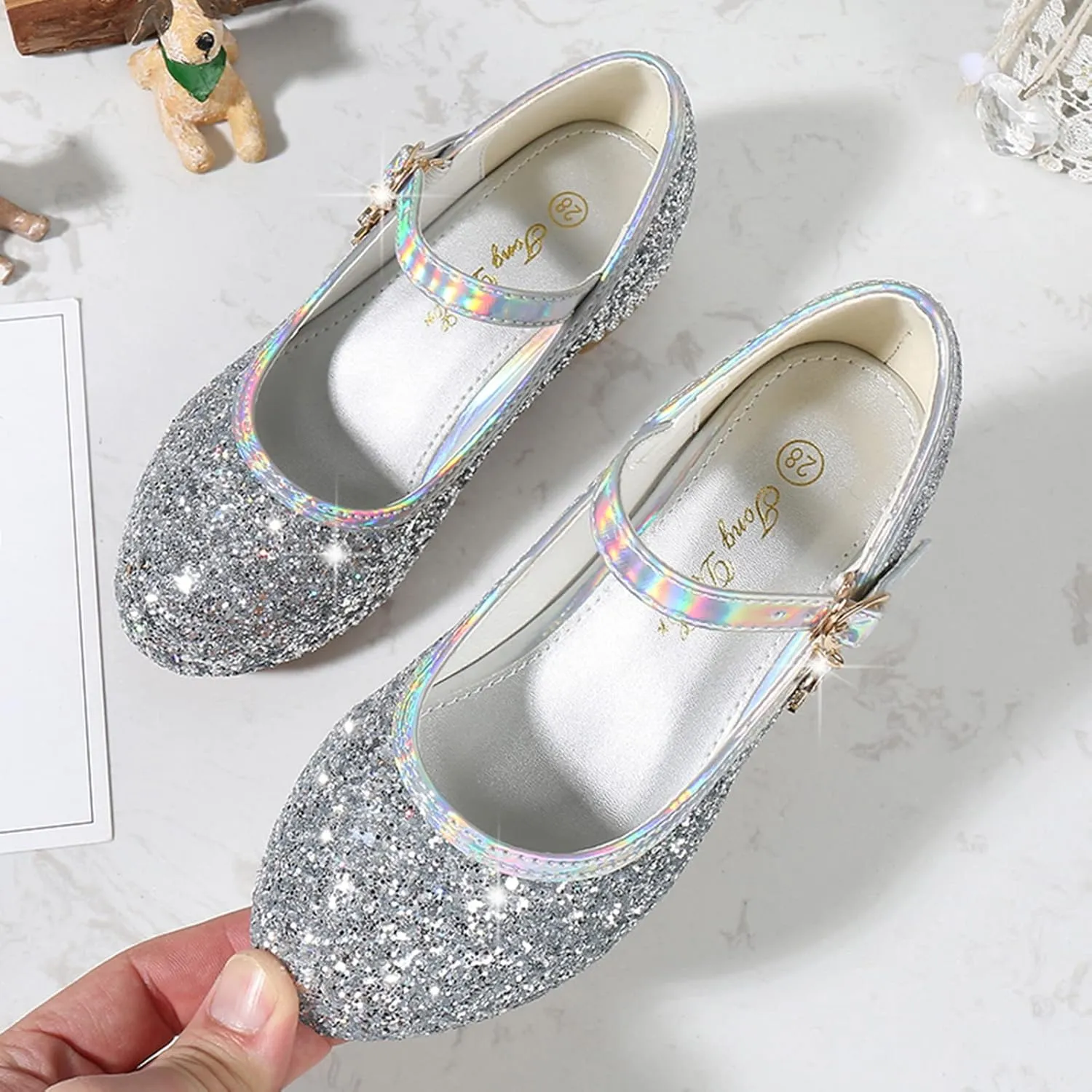 Kids Girl Mary Jane Dress Shoes Bow Wedding Sandals High Heels Glitter Flat Shoes Sequin Shoe Shiny Sandals