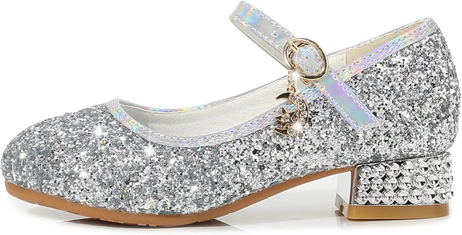 Kids Girl Mary Jane Dress Shoes Bow Wedding Sandals High Heels Glitter Flat Shoes Sequin Shoe Shiny Sandals