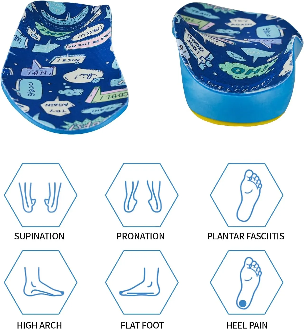 Kids Insoles for Over-Pronation Soft PU Foam Orthotics Relieve Plantar Fasciitis Flat Foot Child Inserts Gel Heel Cushion (Multicolor, 5-7M Big Kid)
