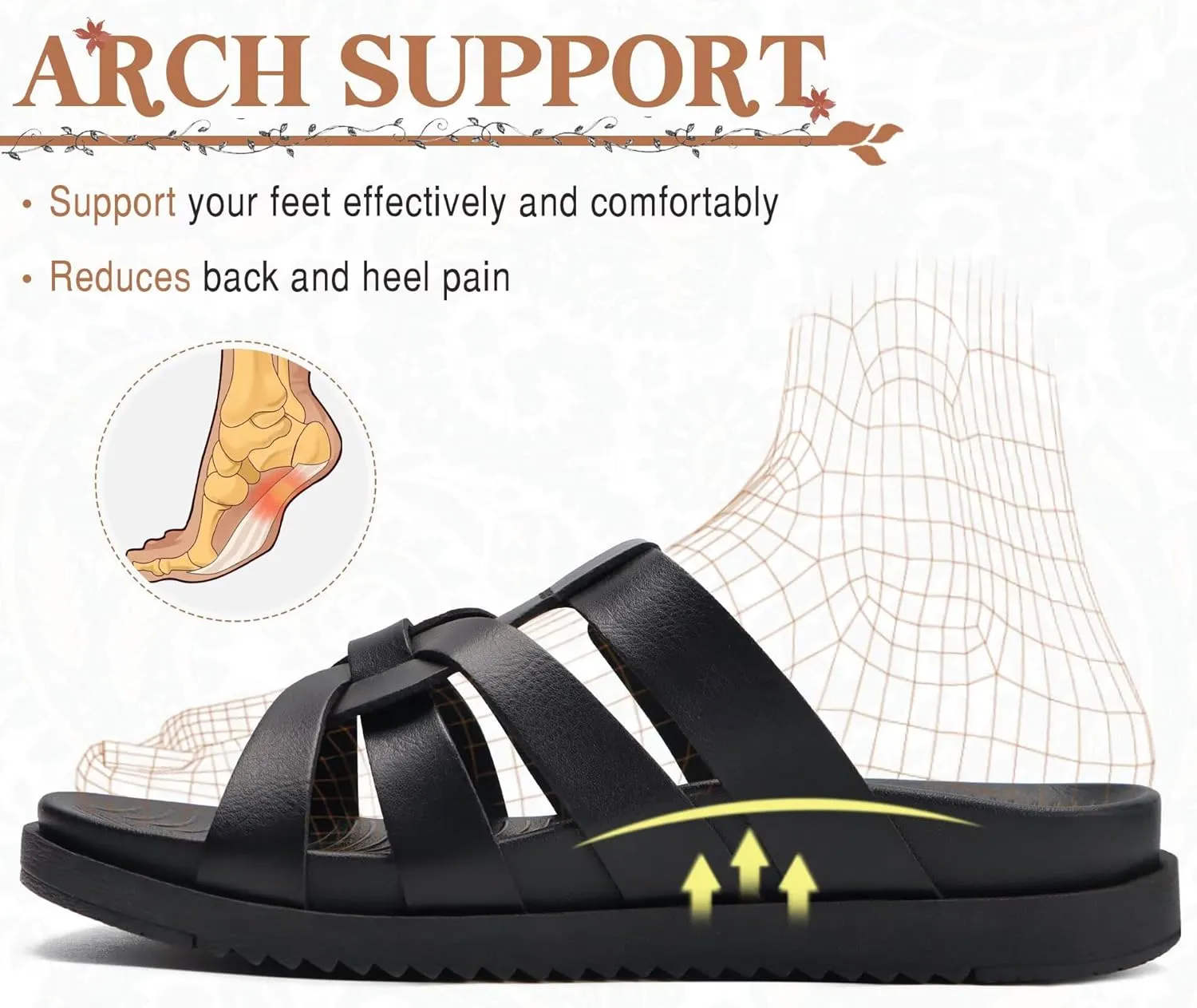 KuaiLu Gladiator Sandals for Women with Comfortable Arch Support Summer Beach Walking Fisherman Slides Boho Outfits Slip on Cushion Shoes Indoor Outdoor
