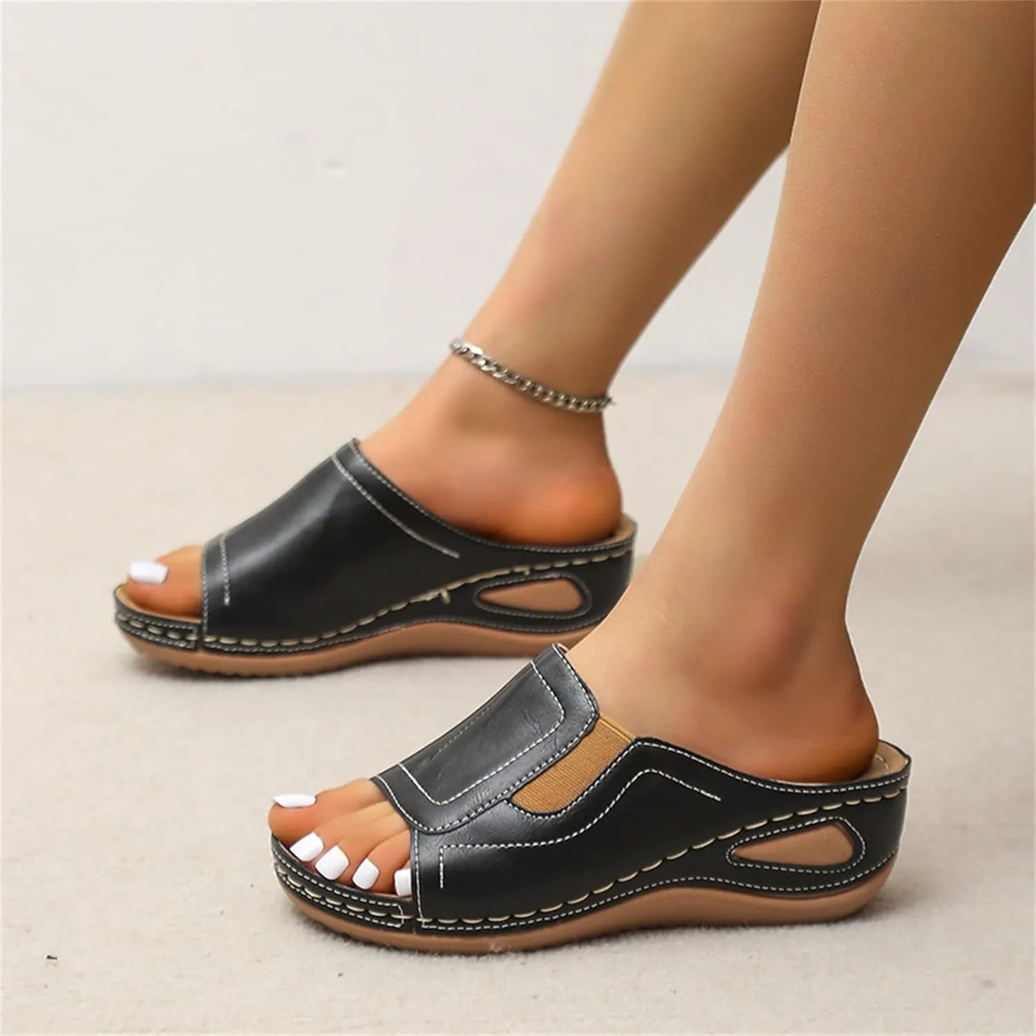 Ladmiple Sandals Women Comfortable Flower Orthopedic Flip Flops Arch Support Wedge Slippers Casual Roman Slip On Sandal