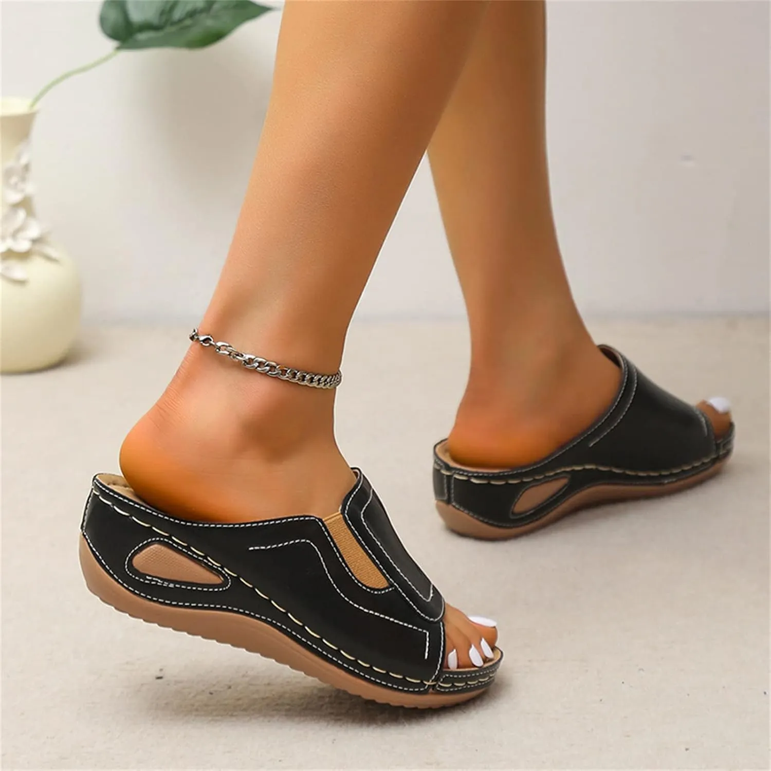 Ladmiple Sandals Women Comfortable Flower Orthopedic Flip Flops Arch Support Wedge Slippers Casual Roman Slip On Sandal
