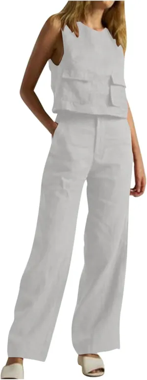 Linen 2 Piece Sets For Women Summer Beach Vacation Outfits 2024 Sleeveless Crop Top Long Pants Tracksuits Matching Set