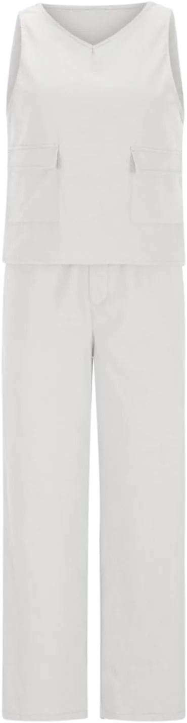 Linen 2 Piece Sets For Women Summer Beach Vacation Outfits 2024 Sleeveless Crop Top Long Pants Tracksuits Matching Set