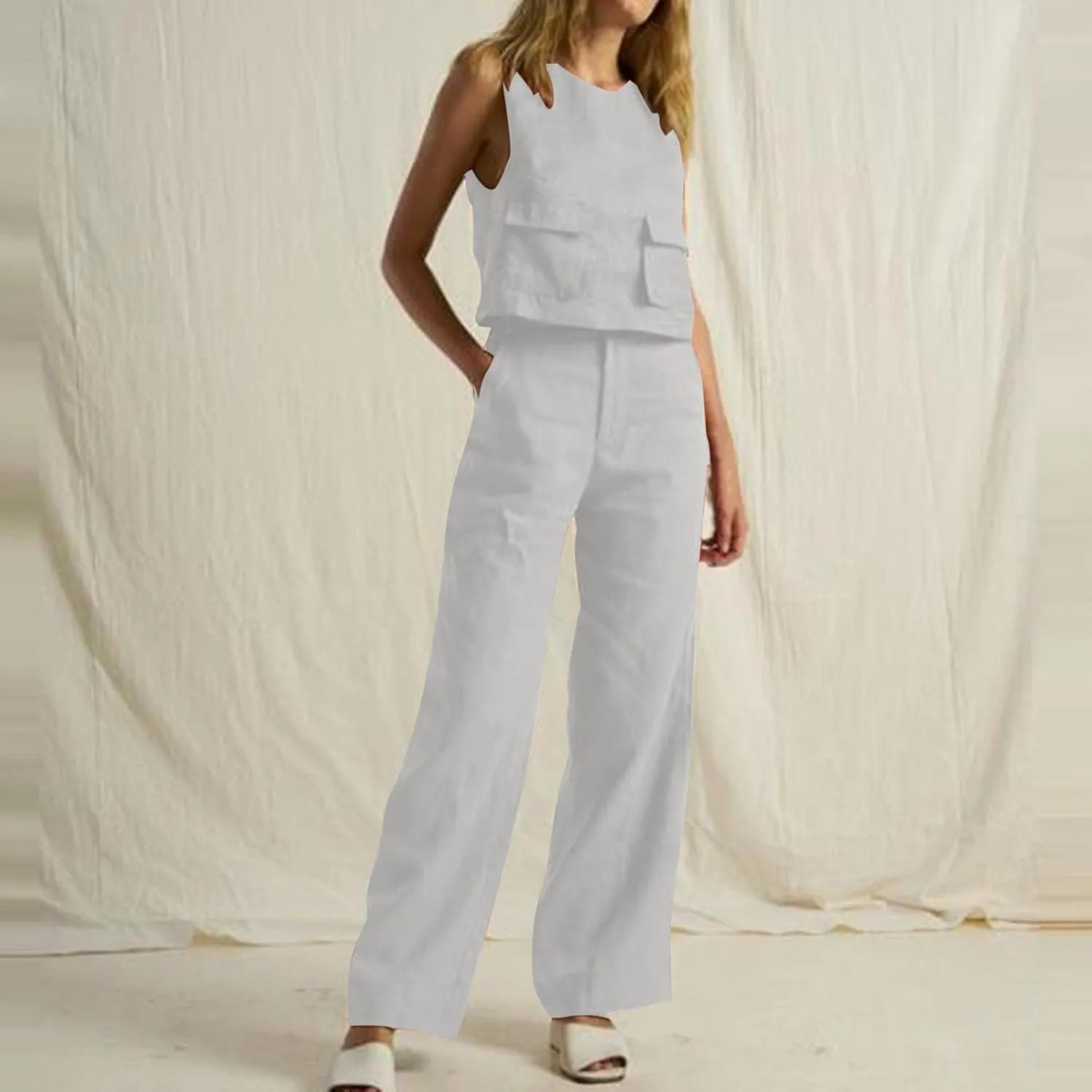 Linen 2 Piece Sets For Women Summer Beach Vacation Outfits 2024 Sleeveless Crop Top Long Pants Tracksuits Matching Set