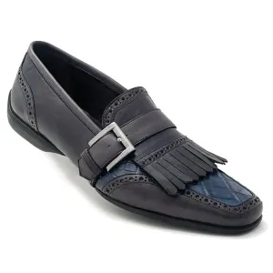 Mauri Italo 9230 Hand-Painted Charcol Grey/Blue Genuine Alligator/Calfskin Monkstrap Loafer Shoes
