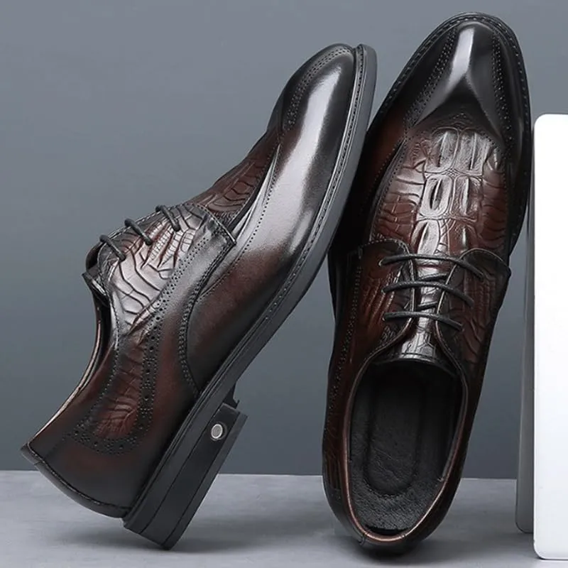 Men's Breathable Leather Wingtip Brogue Oxfords Men's Vintage Crocodile Print Strap Slip On Dress Shoes Business Casual Derby Shoe