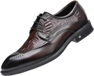 Men's Breathable Leather Wingtip Brogue Oxfords Men's Vintage Crocodile Print Strap Slip On Dress Shoes Business Casual Derby Shoe