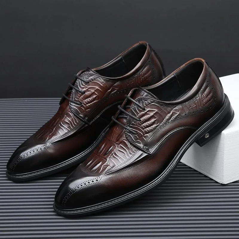 Men's Breathable Leather Wingtip Brogue Oxfords Men's Vintage Crocodile Print Strap Slip On Dress Shoes Business Casual Derby Shoe