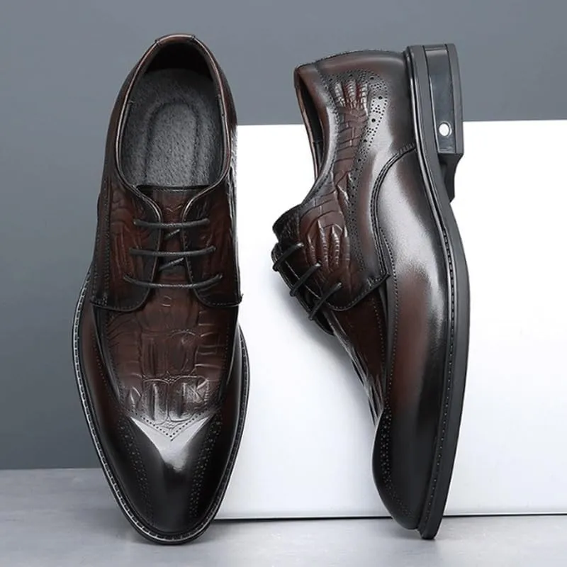 Men's Breathable Leather Wingtip Brogue Oxfords Men's Vintage Crocodile Print Strap Slip On Dress Shoes Business Casual Derby Shoe