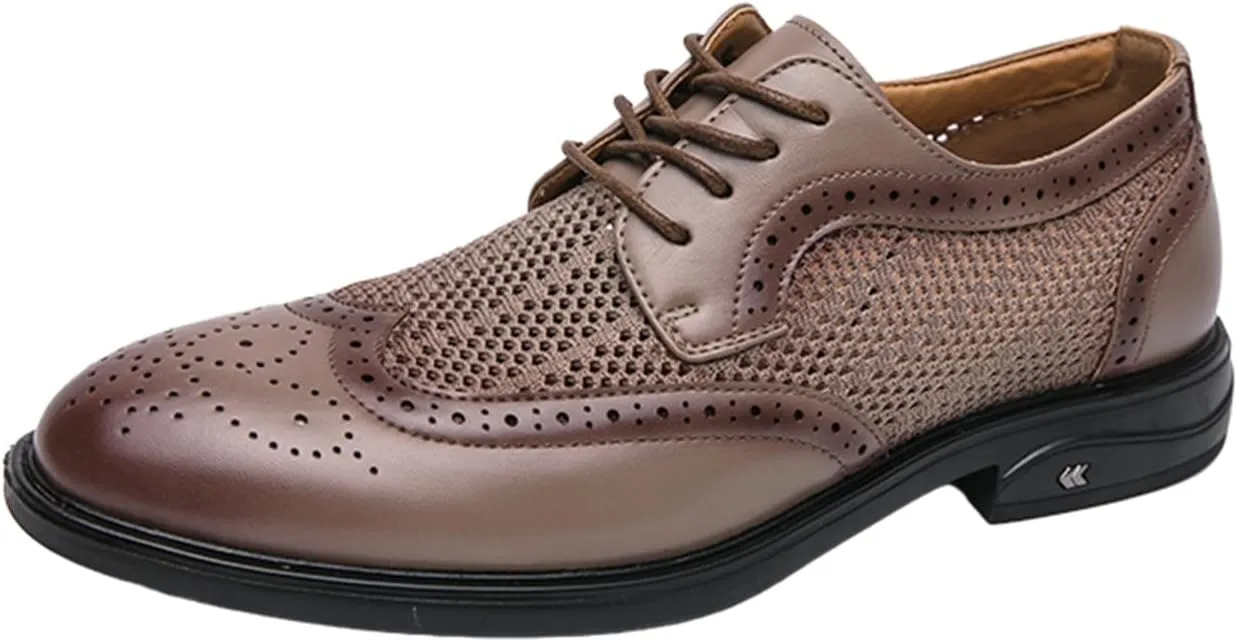 Mens Hollowed Leather Lace Up Brogue Dress Oxford Shoes Summer Casual Lightweight Wingtip Derby Shoes for Formal Business Dress Wedding