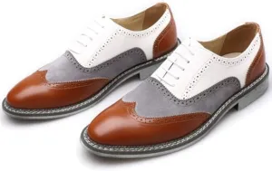 Men's Leather lace-up Brogues Dress Oxford Shoes Classic Wingtip Two Tone Derby Gatsby Prom Shoes Fashion Round Toe Business Formal Leather Shoes