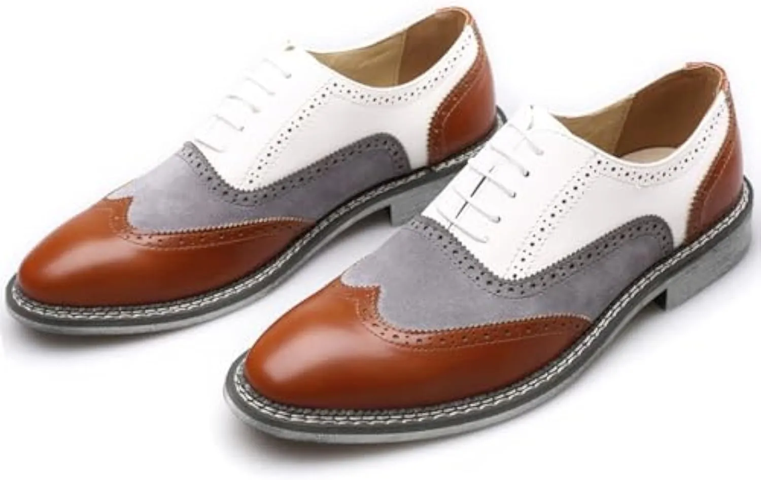 Men's Leather lace-up Brogues Dress Oxford Shoes Classic Wingtip Two Tone Derby Gatsby Prom Shoes Fashion Round Toe Business Formal Leather Shoes