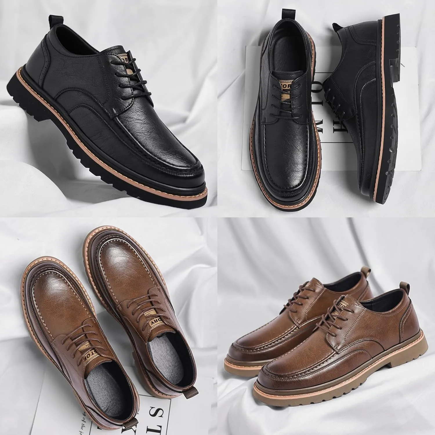 Men's Leather Lace Up Platform Oxfords Comfortable Round Toe Hand-Sewn Soft Non-Slip Dress Shoes Business Work Formal Derby Shoes