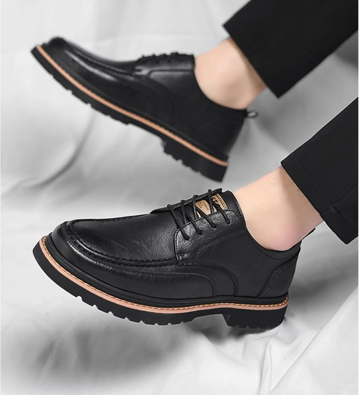 Men's Leather Lace Up Platform Oxfords Comfortable Round Toe Hand-Sewn Soft Non-Slip Dress Shoes Business Work Formal Derby Shoes