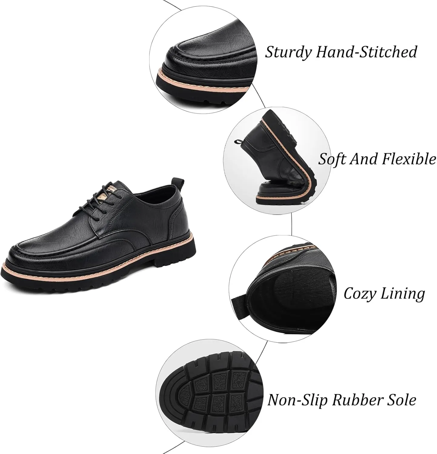 Men's Leather Lace Up Platform Oxfords Comfortable Round Toe Hand-Sewn Soft Non-Slip Dress Shoes Business Work Formal Derby Shoes