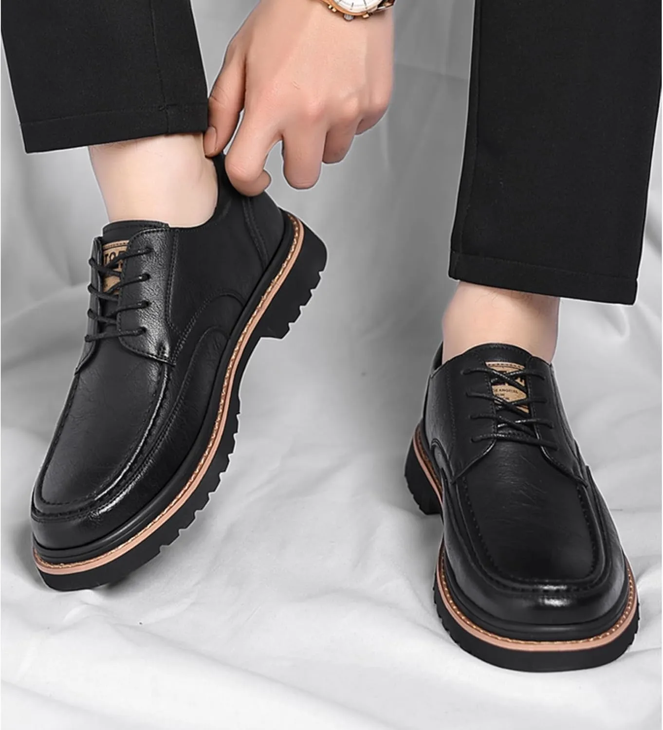 Men's Leather Lace Up Platform Oxfords Comfortable Round Toe Hand-Sewn Soft Non-Slip Dress Shoes Business Work Formal Derby Shoes