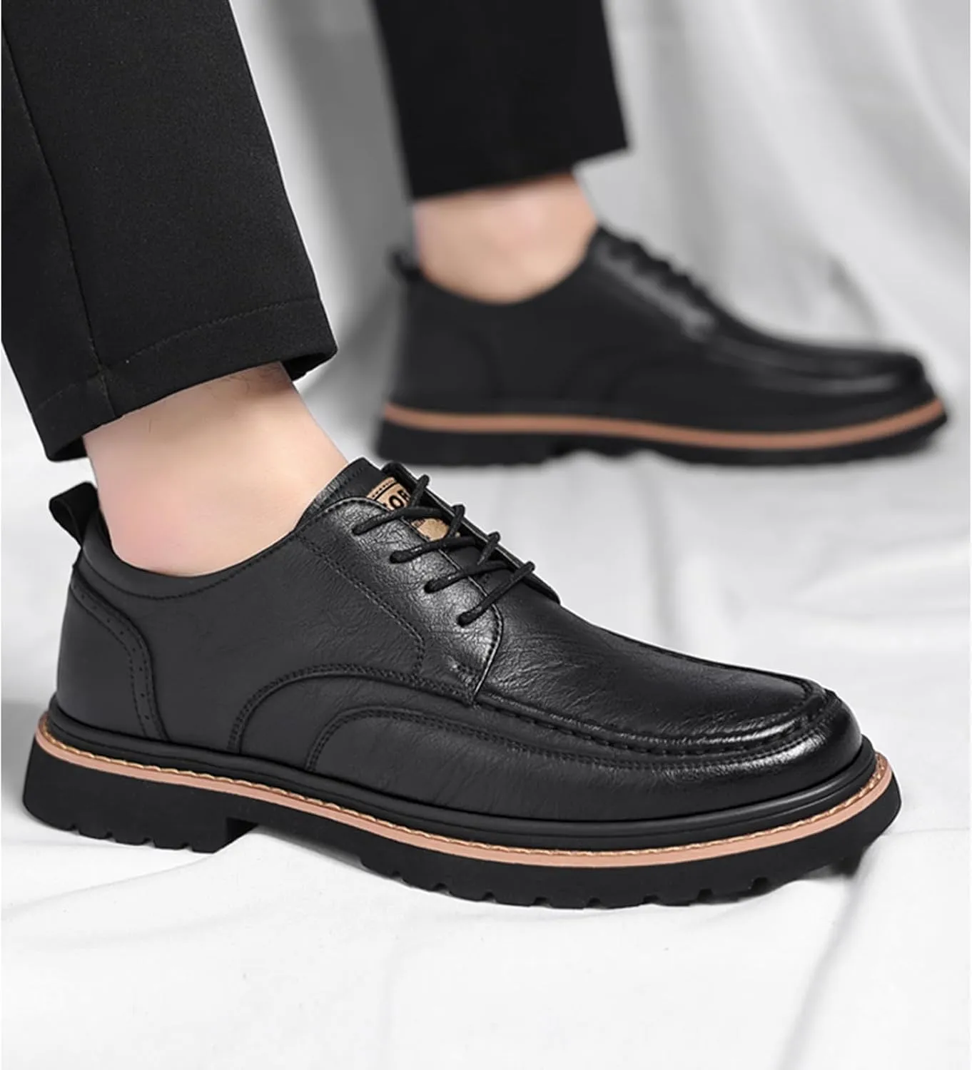 Men's Leather Lace Up Platform Oxfords Comfortable Round Toe Hand-Sewn Soft Non-Slip Dress Shoes Business Work Formal Derby Shoes
