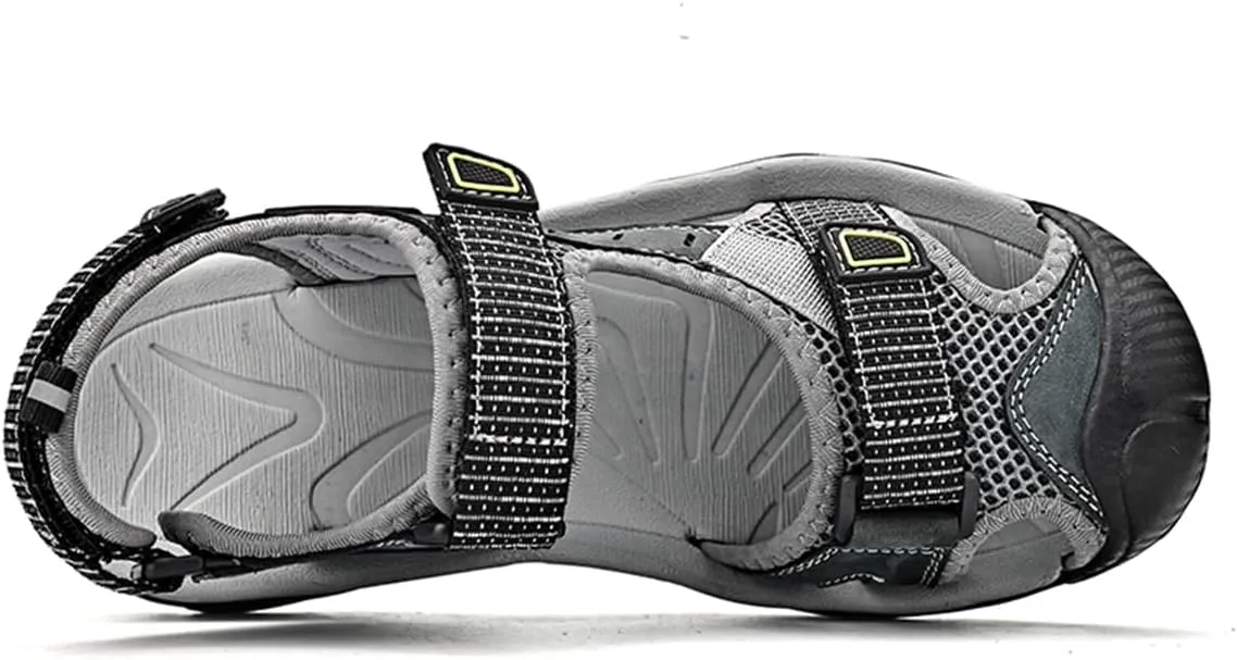 Mens Leather Outdoor Hiking Sandals Waterproof Lightweight Athletic Sports Sandals Adjustable Fisherman Beach Shoes Closed Toe Water