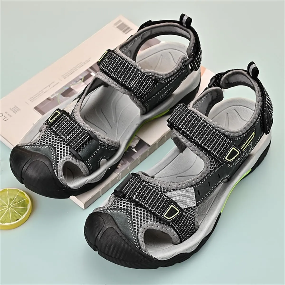 Mens Leather Outdoor Hiking Sandals Waterproof Lightweight Athletic Sports Sandals Adjustable Fisherman Beach Shoes Closed Toe Water