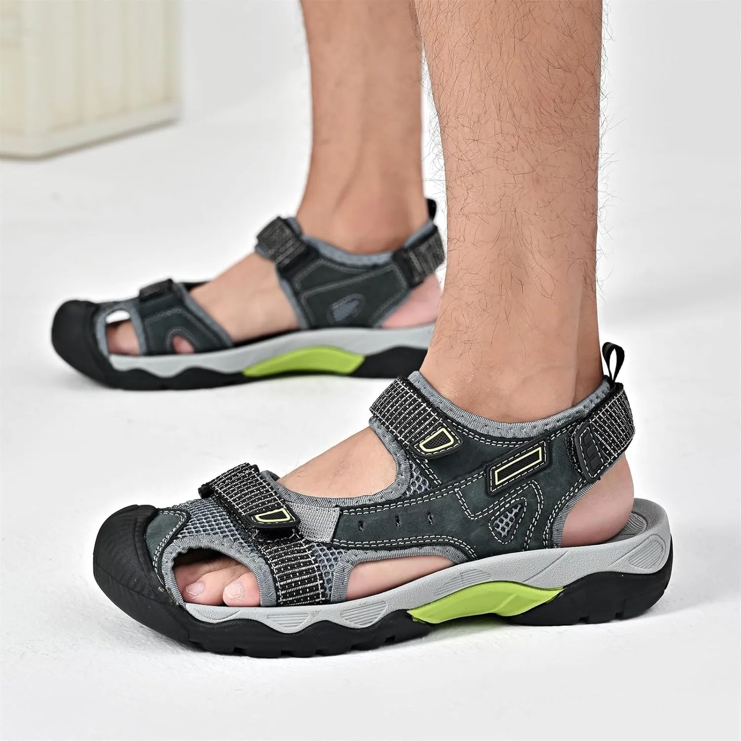 Mens Leather Outdoor Hiking Sandals Waterproof Lightweight Athletic Sports Sandals Adjustable Fisherman Beach Shoes Closed Toe Water