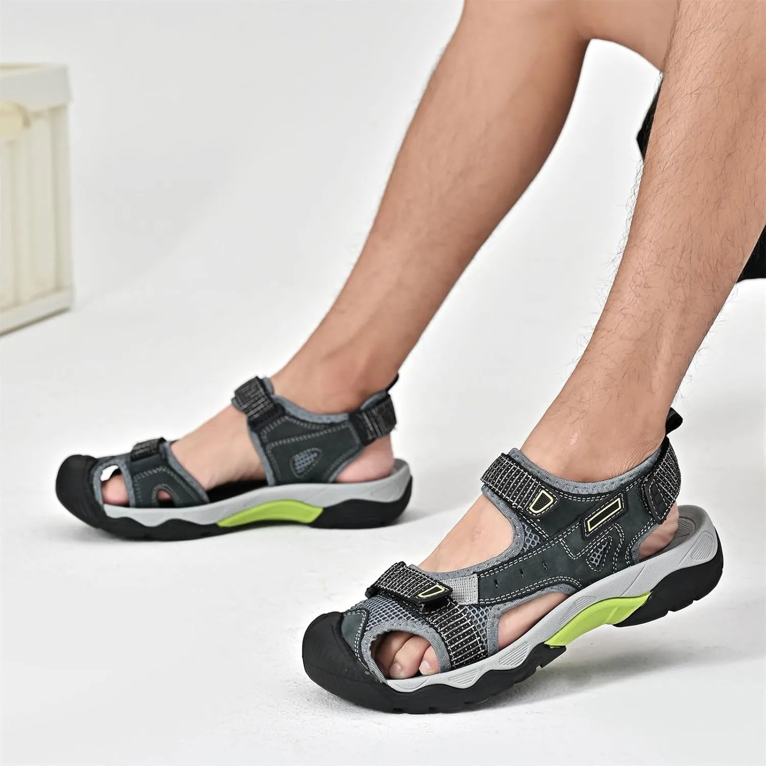 Mens Leather Outdoor Hiking Sandals Waterproof Lightweight Athletic Sports Sandals Adjustable Fisherman Beach Shoes Closed Toe Water