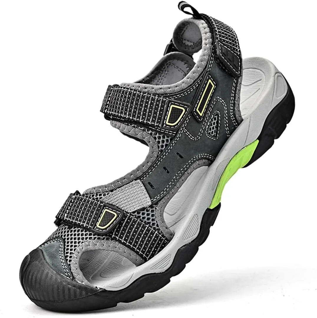 Mens Leather Outdoor Hiking Sandals Waterproof Lightweight Athletic Sports Sandals Adjustable Fisherman Beach Shoes Closed Toe Water