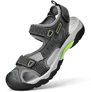 Mens Leather Outdoor Hiking Sandals Waterproof Lightweight Athletic Sports Sandals Adjustable Fisherman Beach Shoes Closed Toe Water