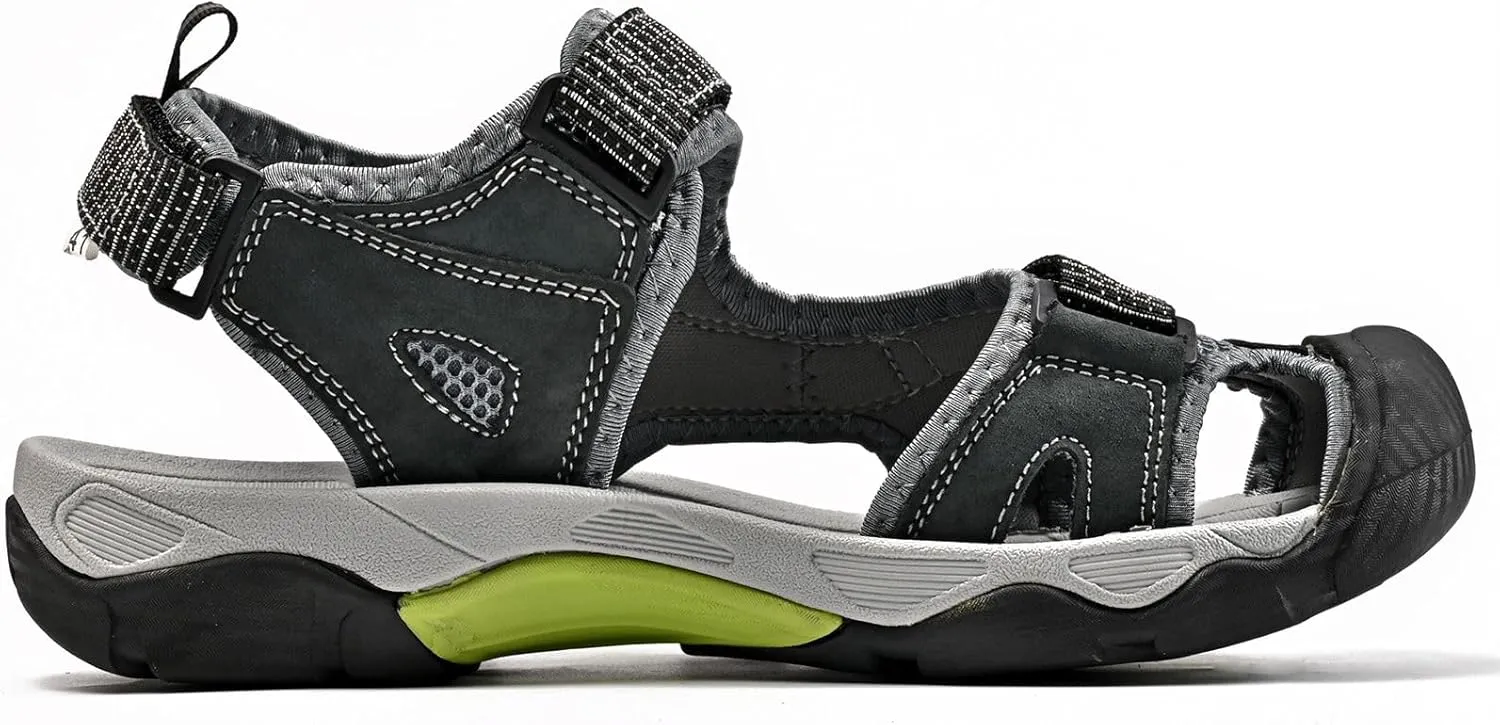 Mens Leather Outdoor Hiking Sandals Waterproof Lightweight Athletic Sports Sandals Adjustable Fisherman Beach Shoes Closed Toe Water
