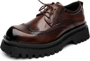 Men's Leather Wingtip Platform Oxfords - Vintage Round Toe Lace-Up Derby Shoes for Business Office & Work - Classic Formal Design